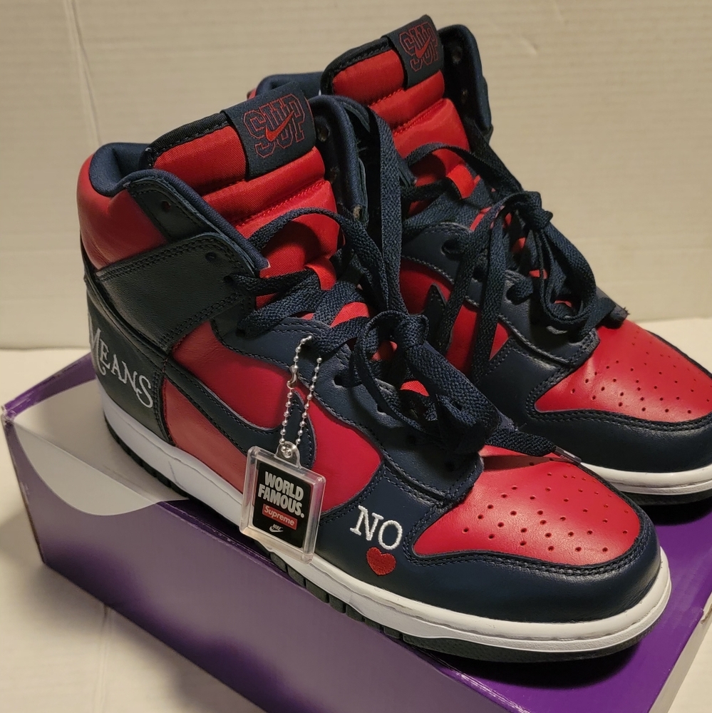 Size 9 - Nike Supreme x Dunk SB High By Any Means -Red Navy (With Box)